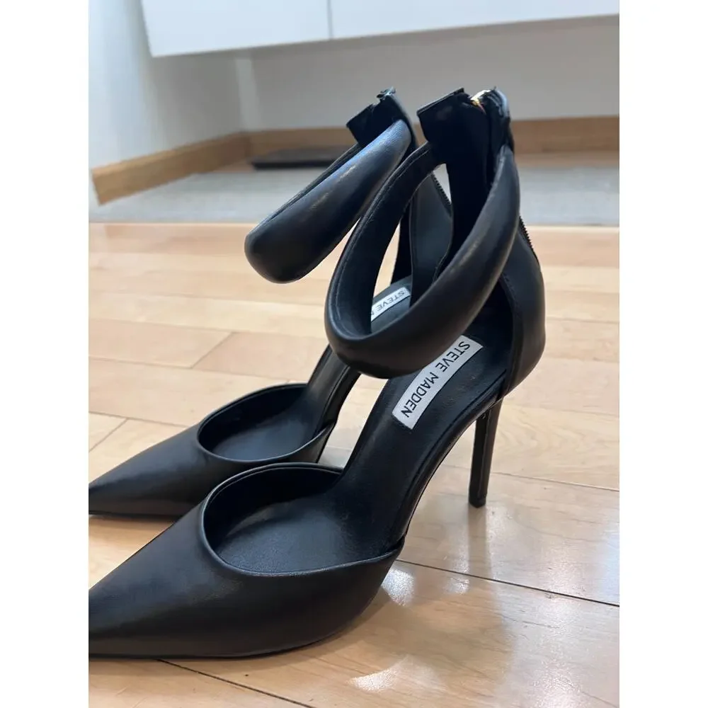 Steve Madden Vionnet Black Leather Pointed Toe Ankle Strap Stiletto Pumps 9.5